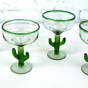 Mexican Hand-Blown Saguaro Cactus Stem Margarita Glasses Set of 4 - Excellent Condition - 7&quot; Tall