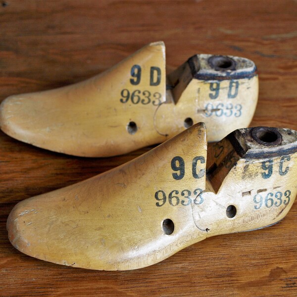 Vintage 9D and 9C Wood Left Foot Forms - Cobbler Wooden Shoe Mold No. 9633