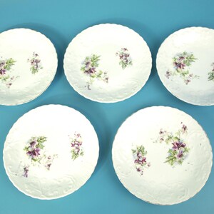 Vintage Scalloped Embossed Relief Border Fine Ceramic Transferware Dessert Plates w Violet Floral Foliage Accents | Lot of 5 | 7" Diameter