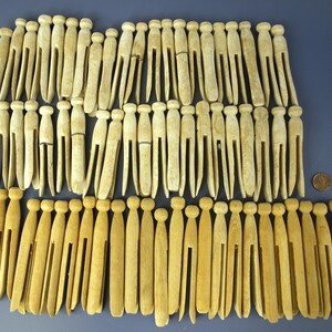 Antique Wooden Clothespins circa 1920&#39;s - Lot of 65 of Round, Squared & Banded for Use in Hanging Clothes or Crafts