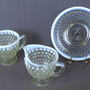 Vintage Anchor Hocking Moonstone Clear Opalescent Hobnail Bread & Butter Plate, Footed Creamer, and Open Sugar Bowl circa 1940&#39;s