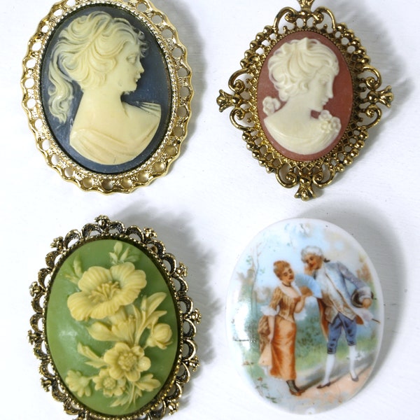 Vintage Cameo Brooch Jewelry - Blue & Red Lady / Gerry's Green Floral / Hand Painted Porcelain Circa 1960's - Lot of 4