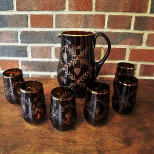 Vintage Bohemian Ruby Red to Clear Hand Etched Crystal Pitcher Set with Gold Trim and 6 Tumbler Cups image 2