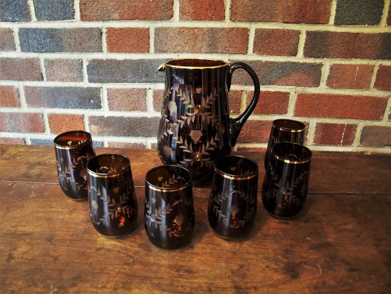 Vintage Bohemian Ruby Red to Clear Hand Etched Crystal Pitcher Set with Gold Trim and 6 Tumbler Cups image 2