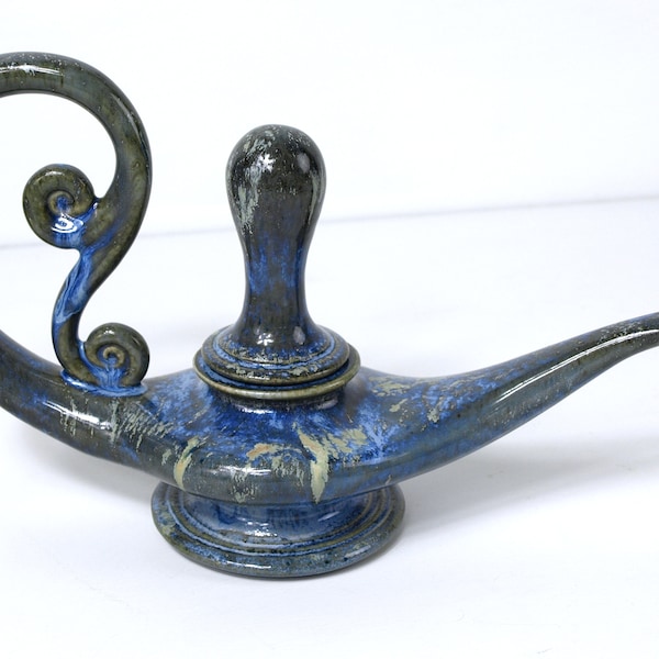 Vintage Blue Marbled Ceramic Aladdin Oil Lamp Art Studio Pottery - Possibly Bill & Vive Mohl (unsigned) - In Excellent Condition