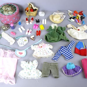 Doll Accessories - Clothing, Shoes Dinnerware, Basket, Dresses, Pants and More with Antique Dolls Nested Tin - Large Lot