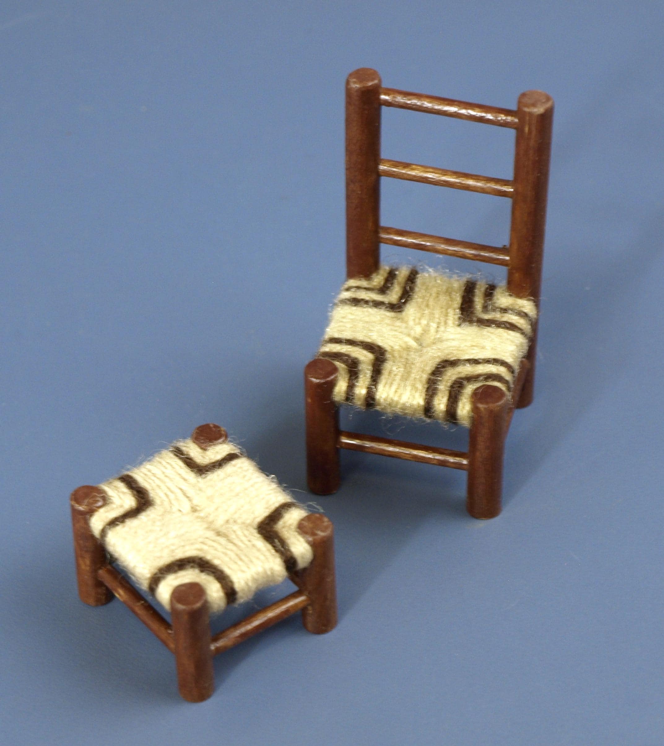 Vintage Miniature Dollhouse Doll Furniture - Wooden Chair and Stool Crafted with Wood and Yarn - In Excellent Condition