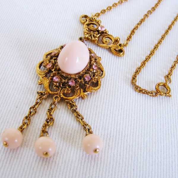 Vintage LJM Pendant Loop Necklace in Gold Finish with Pink Accents / Stones – 24” long – Spring Ring Clasp