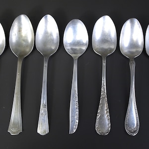 Antique Silver Plate Soup Spoons - mixed lot of 7 - Rogers 12 oz, Wallace, Court, National Nickel Silver, Reed & Barton Southern