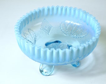 Antique Jefferson Blue Opalescent Glass Leaf Diamond & Snowflake Pattern Footed Bowl w/ Ribbon Edge Circa 1900 In Excellent Condition