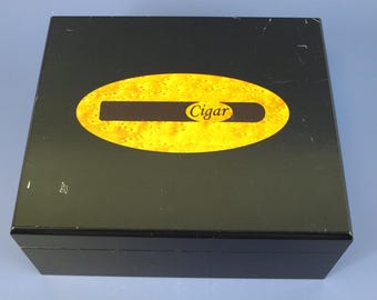 Vintage Matte Black Cigar Humidor with Cedar Lining - Mid Century Style Desktop Cigar Box - Smoking Accessories Gift for Him
