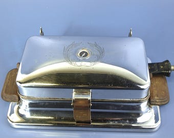Vintage Dominion Electric Corp Waffle Maker Iron Model No. 1210A Chrome Plated w Wood Handles - for PARTS or REPAIR