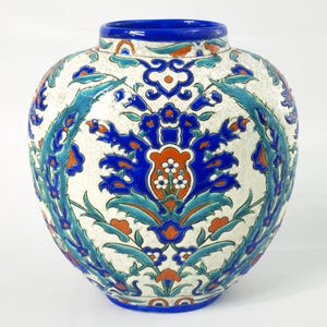 Antique Art Deco Laroche Belge BOCH FRERE Vase 9.5&quot; Tall - Stunningly Beautiful Antique Art Deco Pottery - Greens, Blues, Vermillion - VF