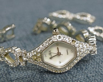 Vintage Erwin Pearl Ladies Dress Wrist Watch w Mother of Pearl Face & Swarovski Crystals - Additional Links Included - In Working Condition