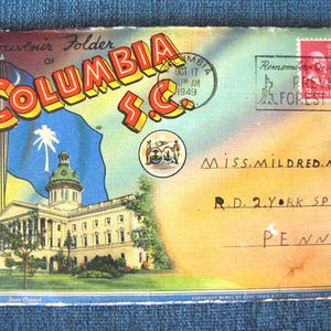 Vintage 1940 Souvenir Postkartenmappe / Foldout von der Kolumbien S.C. South Carolina - verschickt