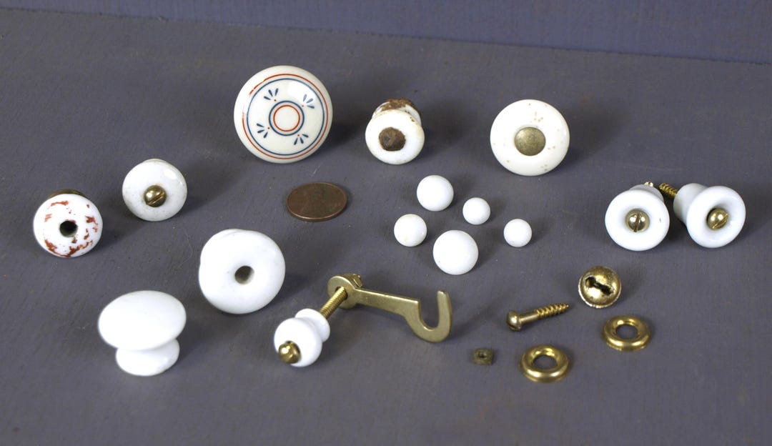 Vintage White Porcelain & Brass Cabinet Knobs / Pulls, 10 Knobs of ...