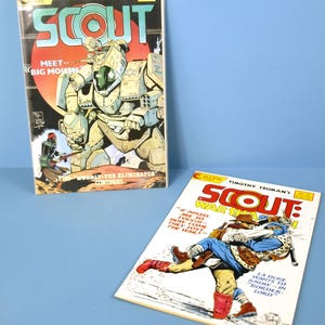 May include: Two comic book covers featuring the title "Scout". The first cover shows a large, armored robot with the text "Meet - "Big Moishe" and "Plus Monday the Eliminator Continues". The second cover shows a man and woman in a futuristic setting with the text "Scout: War Season" and "If ninjas are so tough... how come they lost the war?" and "La Duke wants to know... in "Border-Lord"?"