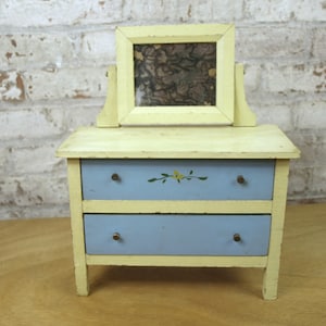 Vintage Hand Painted Wooden Doll Dresser w/ 2 Drawers and Attached Mirror - Cream w/ Blue Drawers & Brass Knobs - Circa 1930&#39;s - Primitives