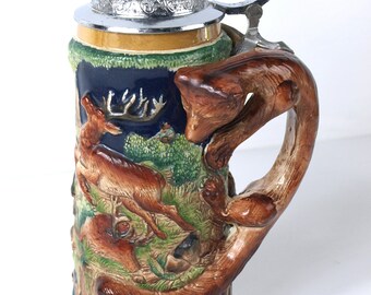 Vintage German Stein Die Griime Freid Des Jager Frend Ceramic Hunter's Stein w/ Wolf Handle Deer and Pig - Germany - titled: Green Meadow