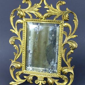 Antique Late 1800&#39;s Cast Metal Framed Dresser Mirror, Florentine Style with Side Folding Easel Back - Gilt Victorian Opulence, Rococo Style