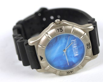 Vintage WHITEWATER Unisex Quartz Wrist Watch w/ Black Silicone Wrist Band & Blue Dial - In Working Condition