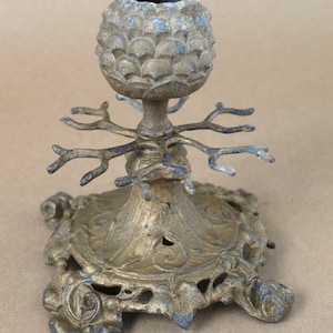 Antique Ornate Cast Pot Metal Gilt Rubber Stamp and Ink Well or Candlestick Holder Combination with Pine Cone Top and Branches
