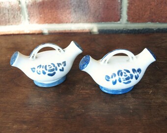 Vintage One Piece Germany Salt and Pepper Shakers Blue and White Ceramic Porcelain Combined Double Sided Pig Nose – set of 2