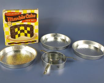 Vintage Chicago Metallic Checkered Marble Cake Pan Set #400 by BakeKing circa 1950s In Original Box
