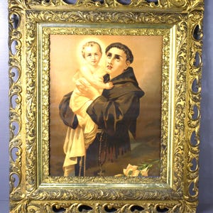 Antique Saint Anthony of Padua w/ Jesus Christ Child Art Print in Large Gold Ornate Victorian Frame - 30.5" H x 26.5" W - Religious Worship