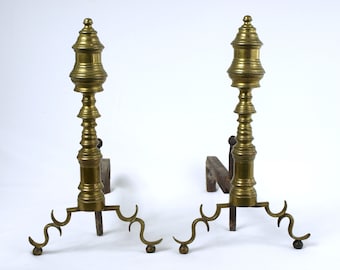 Antique Pair of Multi-Turned Brass Andirons, 19th Century - Arched Spurred Legs w/ Ball Feet - Gorgeous Condition