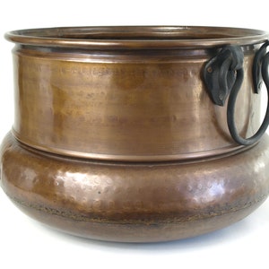 Very Large Hand Hammered Copper Cauldron Kettle Pot with Double Wrought Iron Handles - 14&quot; tall x 22&quot; dia - Massive Copperware Planter
