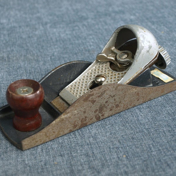 Vintage Powr Kraft Wood Block Plane Hand Tool with Wood Knob and Metal Turn Knob