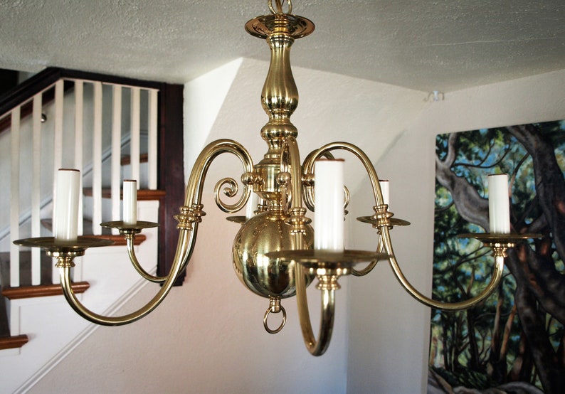 Vintage Dutch Flemish Brass 6 Arm Incandescent Chandelier