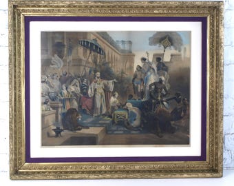 Antique 19th C Lithograph The Slave Market Constantinople by F. Silber Berlin - Sir William Allan Prof Framed 32x26 Ornate Gold Gilt Wood