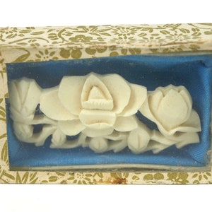 Vintage Asian Origin Mid Century Carved Lotus Flower Brooch in Original Box - Needs Minor Attention
