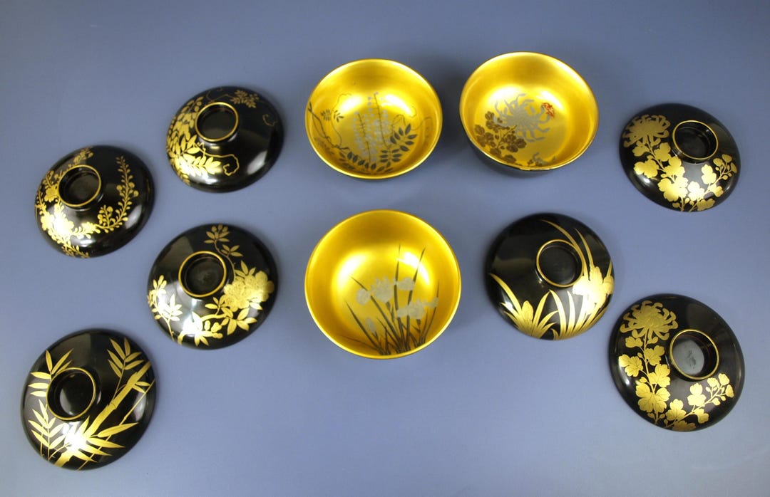 Antique Japanese Lacquerware: 3 Rice Bowls & 7 Lids (2 W/ Gold Interior ...