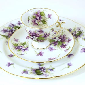 Vintage Spring Violets by Rosetti Chicago, USA - Salad Plate, Footed Demitasse cup & Saucer Set - Made in Occupied Japan c 1940-50 Pristine