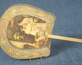 Antique U. O. Colson Co Paris Illinois Good Luck Charms Advertising Hand Held Paper Fan with Mother and Children / Family - Very Rare