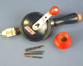 Vintage Stanley No. H1220 Hand Crank Drill Included 5 Bits Inside Handle | Smoothly Operating Eggbeater Drill