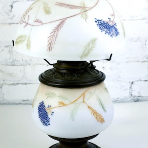 Antique Oil Lamp, Converted to Electric, w/ Hand Painted Glass Shades - Modified Victorian Lamp in VG working condition, c. 1860 - 17&quot; High