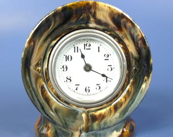 Rare Antique Brush McCoy Flapper Pottery & Lux Clockworks No. 336X Onyx Drip Clock w Lux 30 Hour Movement circa 1920s - Works