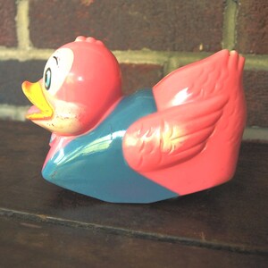 Vintage Easter Unlimited Plastic Pull Back Friction Rocking Pets Toy Duck – Pink with Blue Vest and Bow Tie