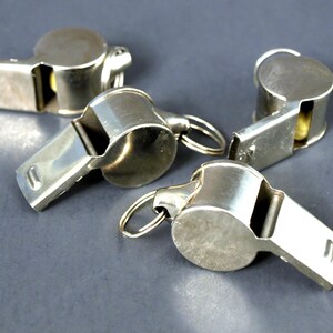 Vintage Pressed Steel Sport Whistles with Cork Ball Made in Taiwan Lot of 5