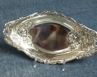 Vintage Silver Plate Oval Relish Dish Serving Tray with Deep Embossed Rose Flower Pattern