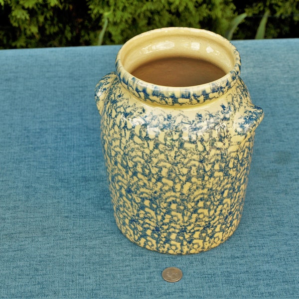 Antique Robinson Ransbottom Stoneware Spongeware 4 Qt Kitchen Storage Canister Speckled Pottery - Missing Lid - Very Rare