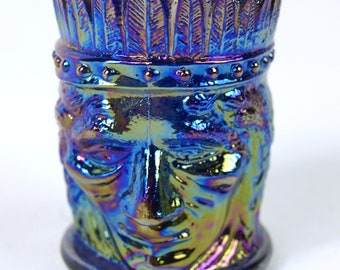 Joe St. Clair Glass Indian Head Toothpick Holder, Circa 1970's - Blue Iridescent Carnival Glass - Collectible Glass, VG