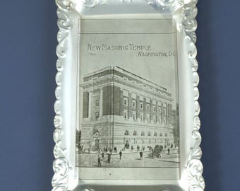 Antique New Masonic Temple in Washington, DC Mini Aluminium Decorative Pin Tray or Ashtray Souvenir circa 1910's 5" L x 3.5" W