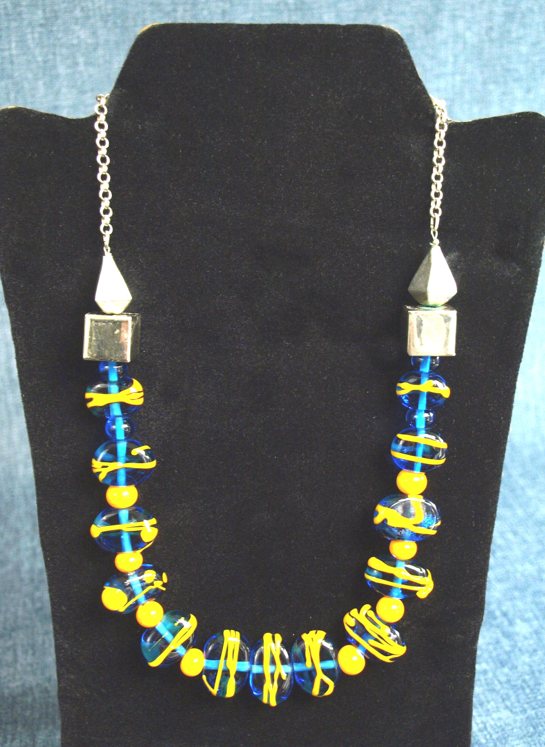 Collier Vintage Perles De Verre Bleu Flammé - Occasion, Bon état D'usage, Fil Nylon