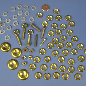 Vintage Brass Cup Washers Assortment and Eyelet Bolt lot - 44 Brass Washers & 19 Nickel - .5&quot; and 1&quot; - Great Condition