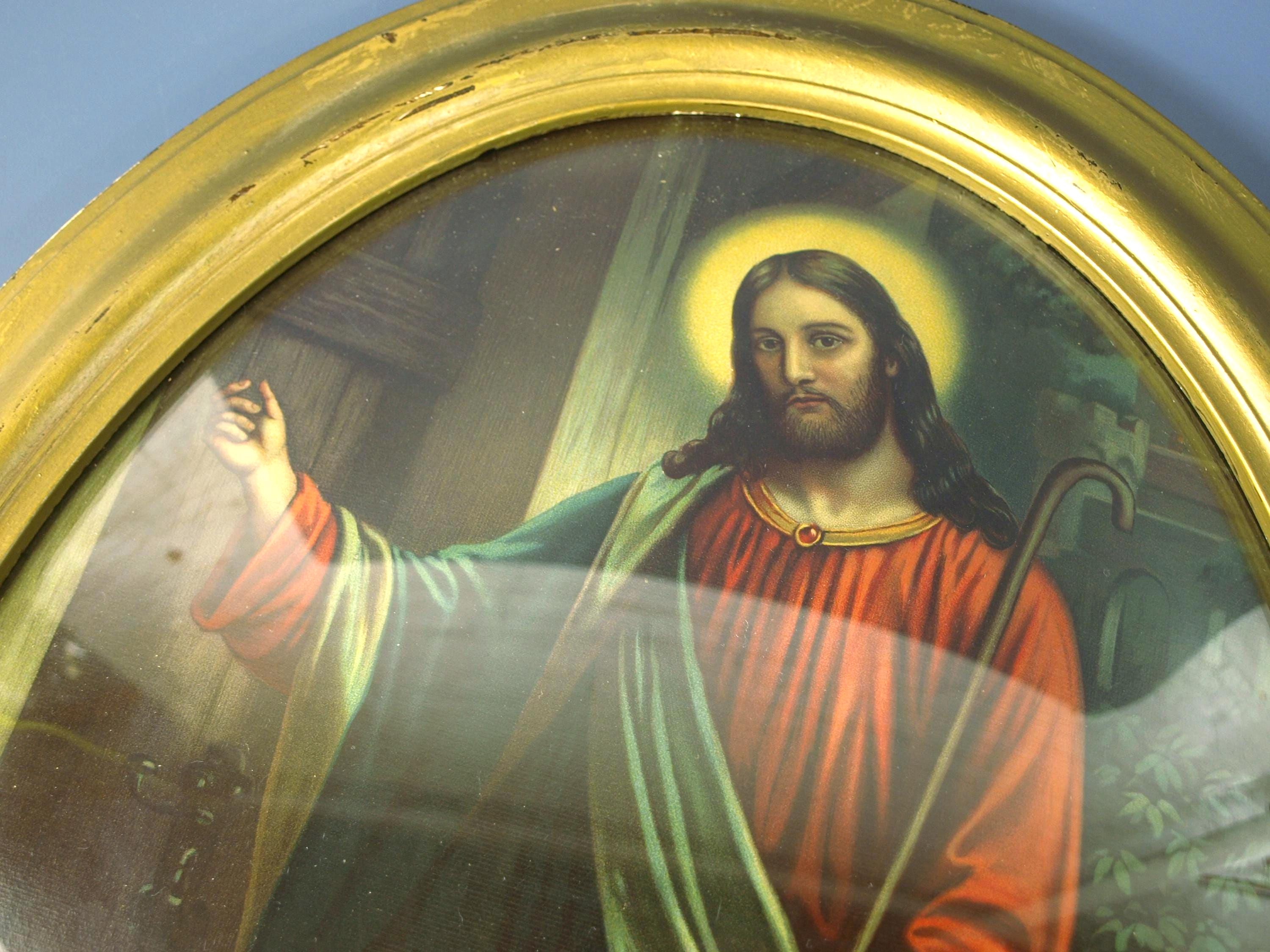 Vintage Convex Glass in Gold Oval Frame With Shepherd Jesus Knocking on ...